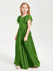 Chiffon Junior Bridesmaid Dresses Lace Flutter Sleeves Scoop Neck Moss