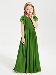 Chiffon Junior Bridesmaid Dresses Lace Flutter Sleeves Scoop Neck Moss