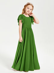 Chiffon Junior Bridesmaid Dresses Lace Flutter Sleeves Scoop Neck Moss