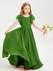 Chiffon Junior Bridesmaid Dresses Lace Flutter Sleeves Scoop Neck Moss
