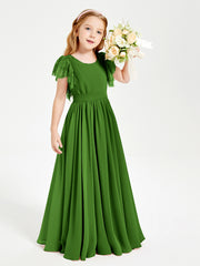 Chiffon Junior Bridesmaid Dresses Lace Flutter Sleeves Scoop Neck Moss