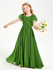 Chiffon Junior Bridesmaid Dresses Lace Flutter Sleeves Scoop Neck Moss