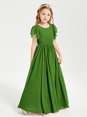 Chiffon Junior Bridesmaid Dresses Lace Flutter Sleeves Scoop Neck Moss
