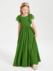 Chiffon Junior Bridesmaid Dresses Lace Flutter Sleeves Scoop Neck Moss