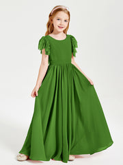 Chiffon Junior Bridesmaid Dresses Lace Flutter Sleeves Scoop Neck Moss