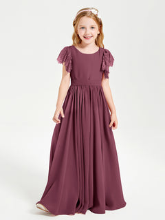 Chiffon Junior Bridesmaid Dresses Lace Flutter Sleeves Scoop Neck Mulberry