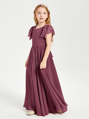 Chiffon Junior Bridesmaid Dresses Lace Flutter Sleeves Scoop Neck Mulberry