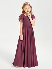 Chiffon Junior Bridesmaid Dresses Lace Flutter Sleeves Scoop Neck Mulberry