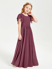 Chiffon Junior Bridesmaid Dresses Lace Flutter Sleeves Scoop Neck Mulberry