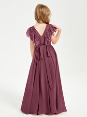 Chiffon Junior Bridesmaid Dresses Lace Flutter Sleeves Scoop Neck Mulberry