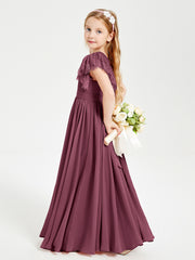 Chiffon Junior Bridesmaid Dresses Lace Flutter Sleeves Scoop Neck Mulberry