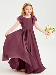 Chiffon Junior Bridesmaid Dresses Lace Flutter Sleeves Scoop Neck Mulberry
