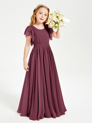 Chiffon Junior Bridesmaid Dresses Lace Flutter Sleeves Scoop Neck Mulberry