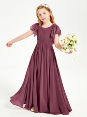 Chiffon Junior Bridesmaid Dresses Lace Flutter Sleeves Scoop Neck Mulberry