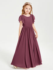 Chiffon Junior Bridesmaid Dresses Lace Flutter Sleeves Scoop Neck Mulberry