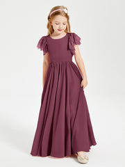 Chiffon Junior Bridesmaid Dresses Lace Flutter Sleeves Scoop Neck Mulberry
