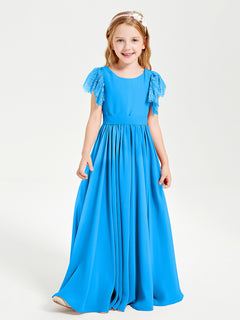 Chiffon Junior Bridesmaid Dresses Lace Flutter Sleeves Scoop Neck Ocean Blue