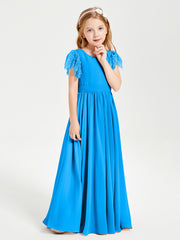Chiffon Junior Bridesmaid Dresses Lace Flutter Sleeves Scoop Neck Ocean Blue