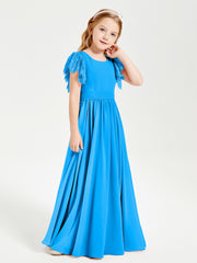 Chiffon Junior Bridesmaid Dresses Lace Flutter Sleeves Scoop Neck Ocean Blue