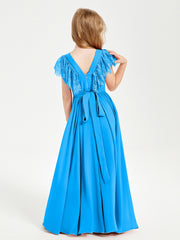 Chiffon Junior Bridesmaid Dresses Lace Flutter Sleeves Scoop Neck Ocean Blue
