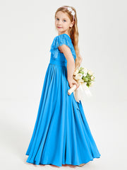 Chiffon Junior Bridesmaid Dresses Lace Flutter Sleeves Scoop Neck Ocean Blue