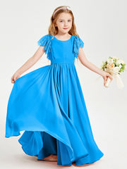 Chiffon Junior Bridesmaid Dresses Lace Flutter Sleeves Scoop Neck Ocean Blue