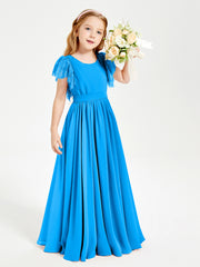 Chiffon Junior Bridesmaid Dresses Lace Flutter Sleeves Scoop Neck Ocean Blue