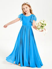 Chiffon Junior Bridesmaid Dresses Lace Flutter Sleeves Scoop Neck Ocean Blue