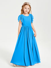 Chiffon Junior Bridesmaid Dresses Lace Flutter Sleeves Scoop Neck Ocean Blue