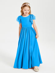 Chiffon Junior Bridesmaid Dresses Lace Flutter Sleeves Scoop Neck Ocean Blue