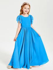 Chiffon Junior Bridesmaid Dresses Lace Flutter Sleeves Scoop Neck Ocean Blue