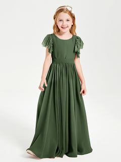 Chiffon Junior Bridesmaid Dresses Lace Flutter Sleeves Scoop Neck Olive Green