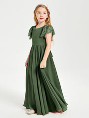 Chiffon Junior Bridesmaid Dresses Lace Flutter Sleeves Scoop Neck Olive Green