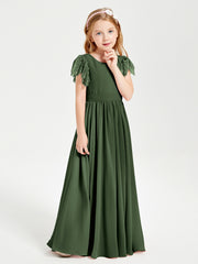Chiffon Junior Bridesmaid Dresses Lace Flutter Sleeves Scoop Neck Olive Green