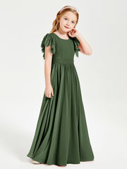 Chiffon Junior Bridesmaid Dresses Lace Flutter Sleeves Scoop Neck Olive Green