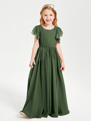 BABARONI Chiffon Olive Green Junior Bridesmaid Dresses A-line Scoop Flutter Sleeve Bow Floor-length BABARONI Chiffon Olive Green Junior Bridesmaid Dresses A-line Scoop Flutter Sleeve Bow Floor-length