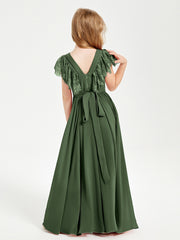 Chiffon Junior Bridesmaid Dresses Lace Flutter Sleeves Scoop Neck Olive Green
