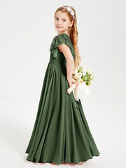 Chiffon Junior Bridesmaid Dresses Lace Flutter Sleeves Scoop Neck Olive Green