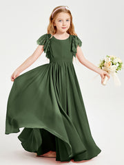 Chiffon Junior Bridesmaid Dresses Lace Flutter Sleeves Scoop Neck Olive Green