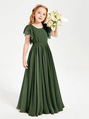 Chiffon Junior Bridesmaid Dresses Lace Flutter Sleeves Scoop Neck Olive Green