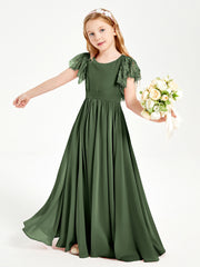 Chiffon Junior Bridesmaid Dresses Lace Flutter Sleeves Scoop Neck Olive Green
