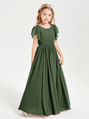 Chiffon Junior Bridesmaid Dresses Lace Flutter Sleeves Scoop Neck Olive Green