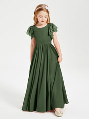 Chiffon Junior Bridesmaid Dresses Lace Flutter Sleeves Scoop Neck Olive Green