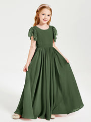 Chiffon Junior Bridesmaid Dresses Lace Flutter Sleeves Scoop Neck Olive Green