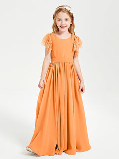 Chiffon Junior Bridesmaid Dresses Lace Flutter Sleeves Scoop Neck Orange