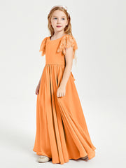 Chiffon Junior Bridesmaid Dresses Lace Flutter Sleeves Scoop Neck Orange
