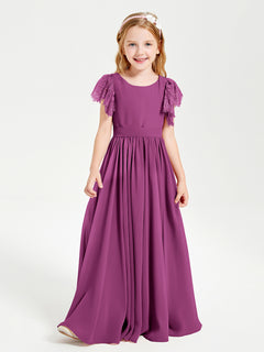 Chiffon Junior Bridesmaid Dresses Lace Flutter Sleeves Scoop Neck Orchid