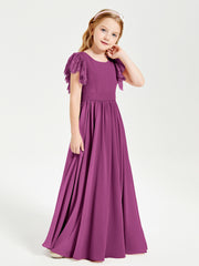 Chiffon Junior Bridesmaid Dresses Lace Flutter Sleeves Scoop Neck Orchid