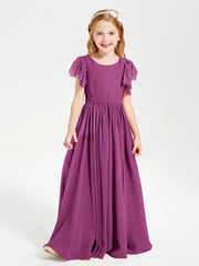 Chiffon Junior Bridesmaid Dresses Lace Flutter Sleeves Scoop Neck Orchid