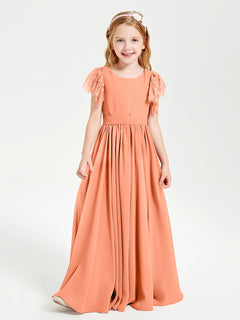 Chiffon Junior Bridesmaid Dresses Lace Flutter Sleeves Scoop Neck Papaya